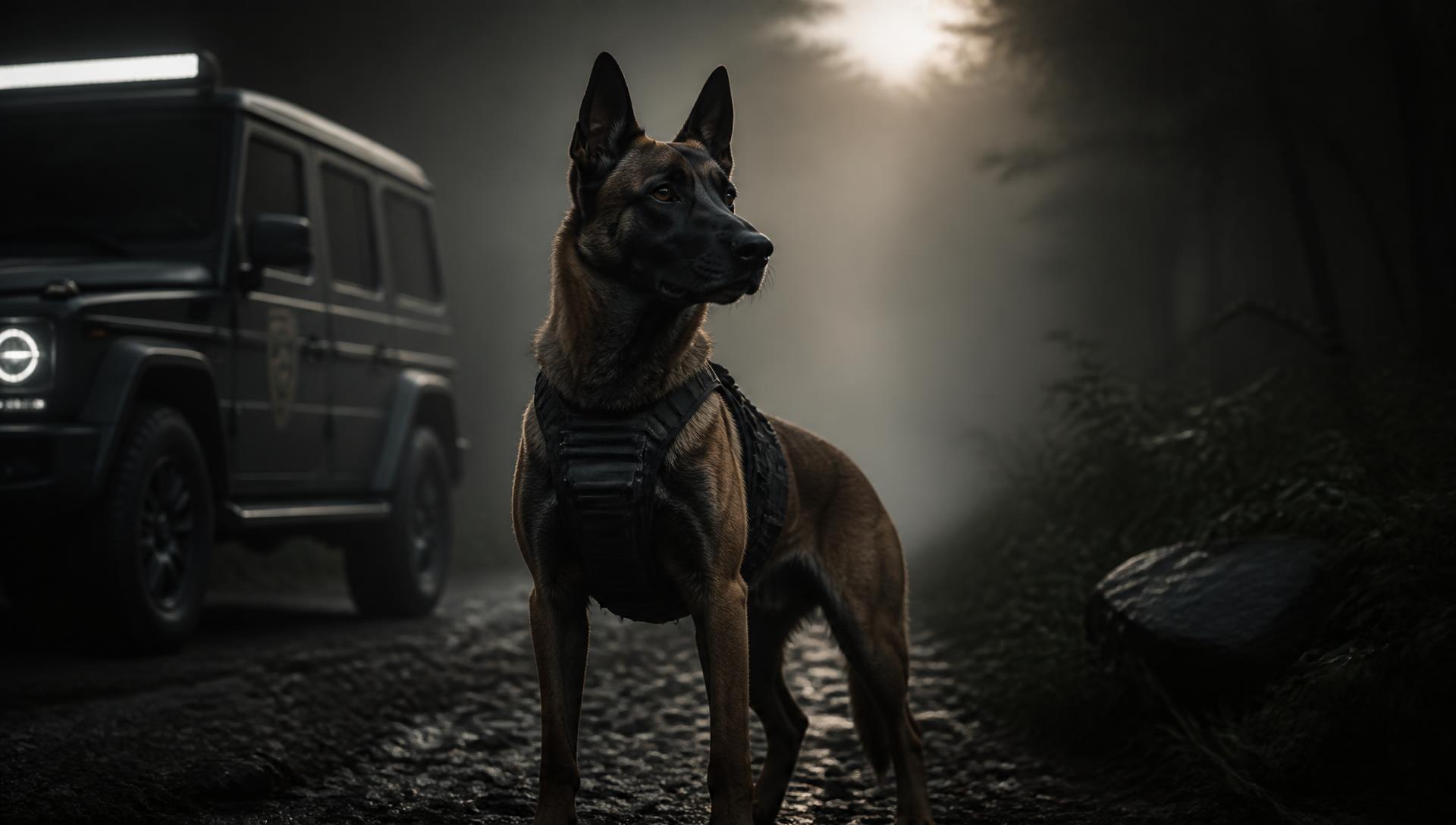 Belgian Malinois working dog standing alert on a misty forest track at dawn
