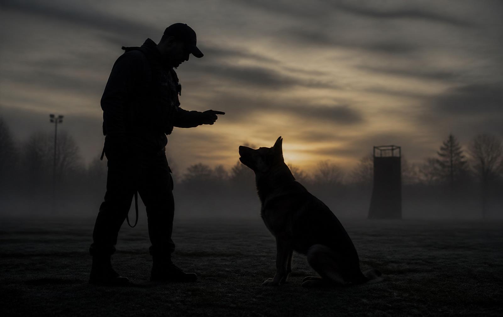 Handler training a working German Shepherd at dusk on a misty field
